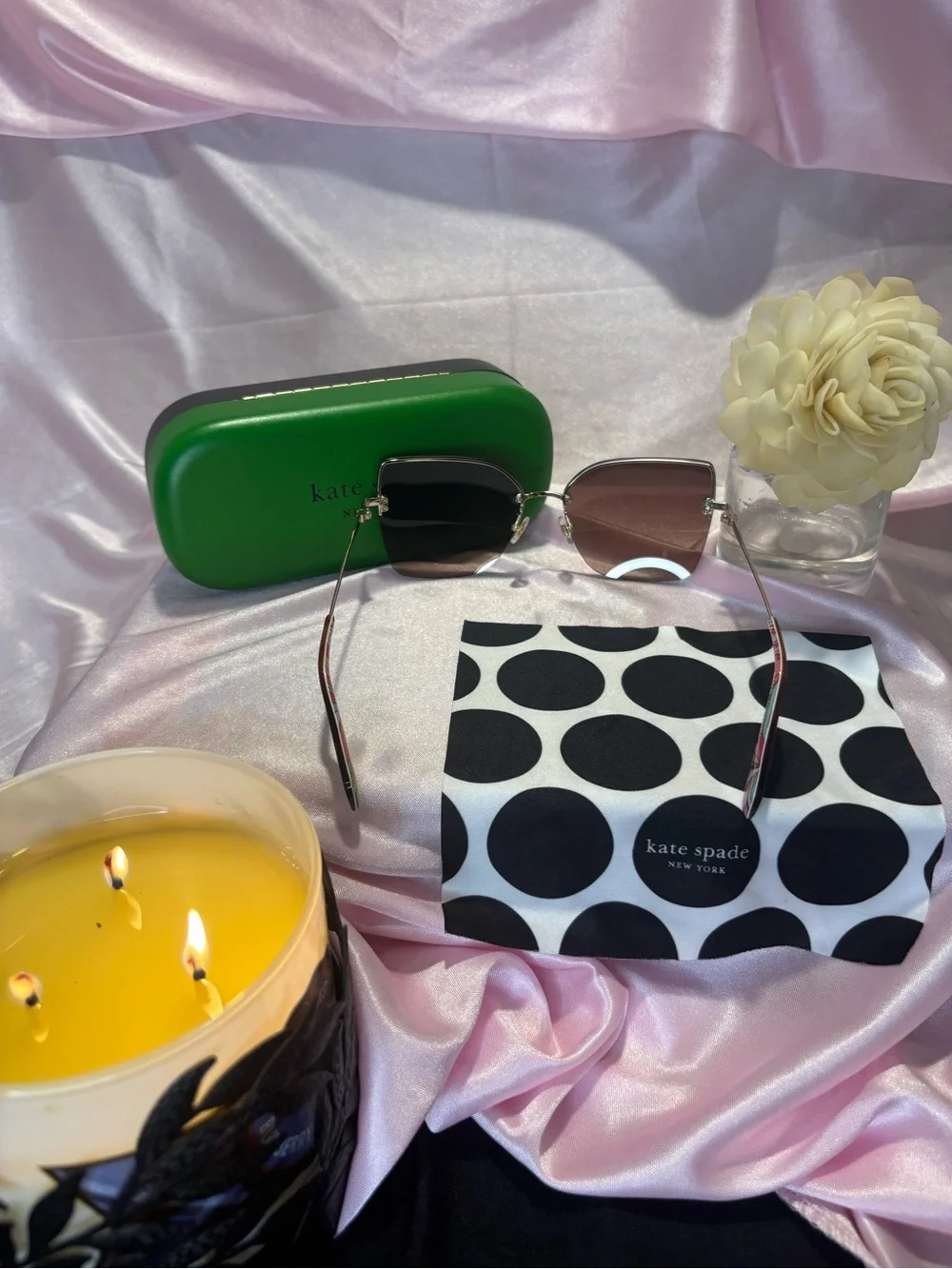 kate spade Green Sunglasses Case with Black & White Polka Dot Pouch